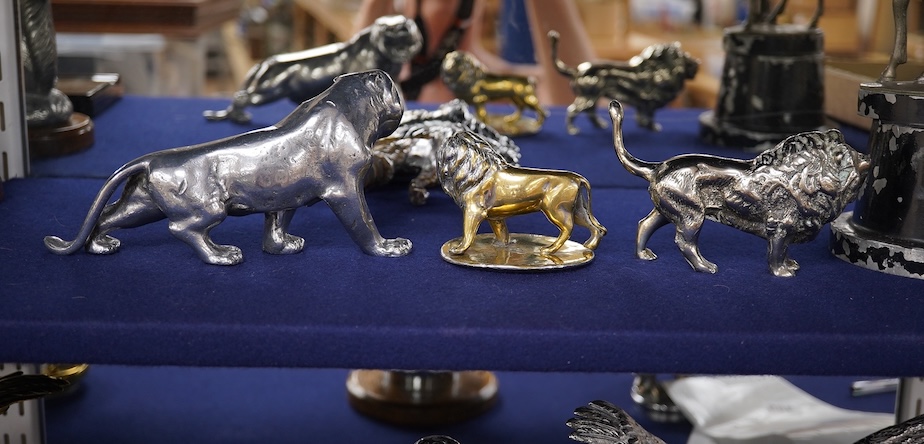 Four lion and big cat related brass and chrome car mascots/figures, consisting of two lions, a tiger and another, possibly a panther. Condition - fair, some losses to chrome.